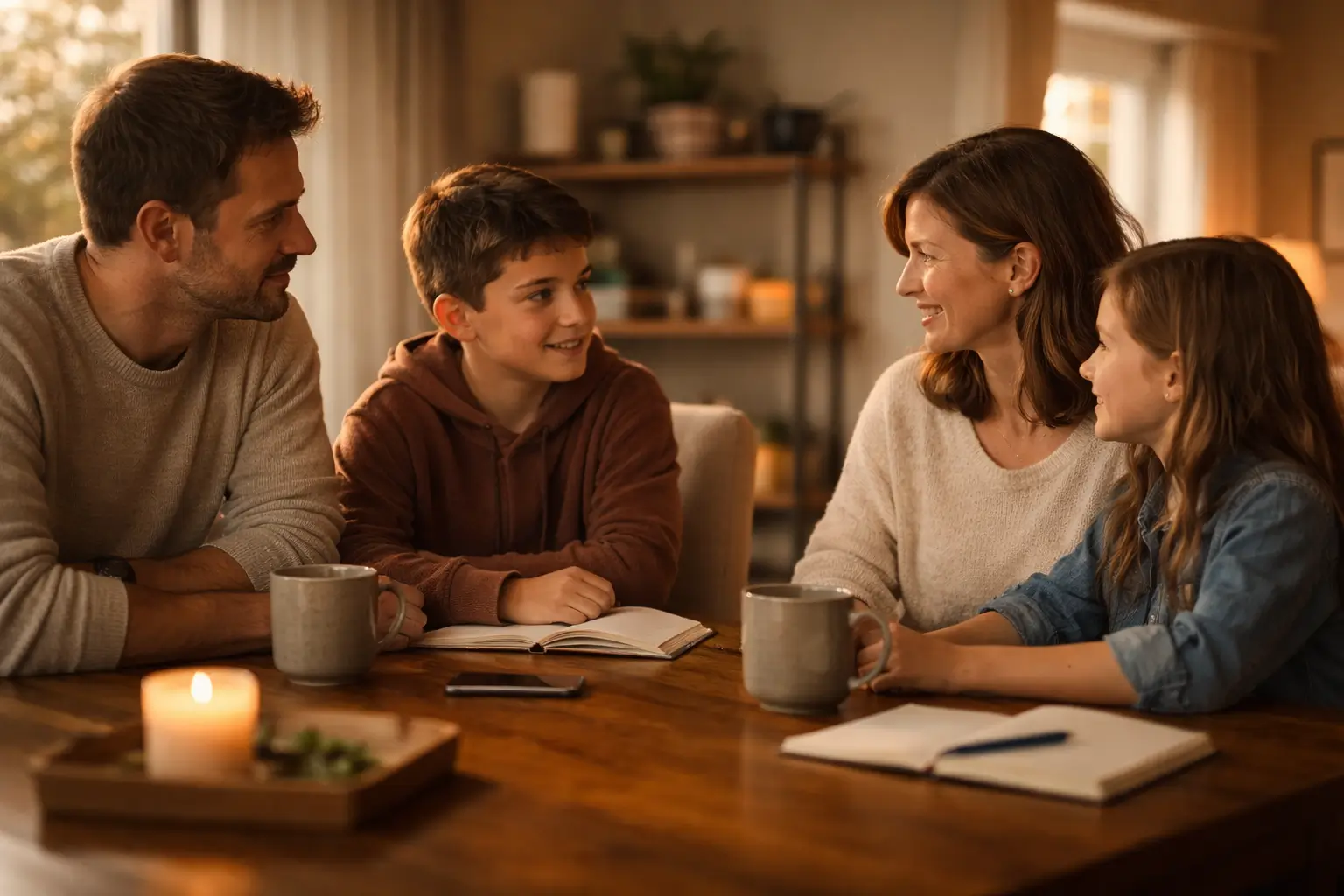 Familia reflexionando juntos al cerrar el año con fe