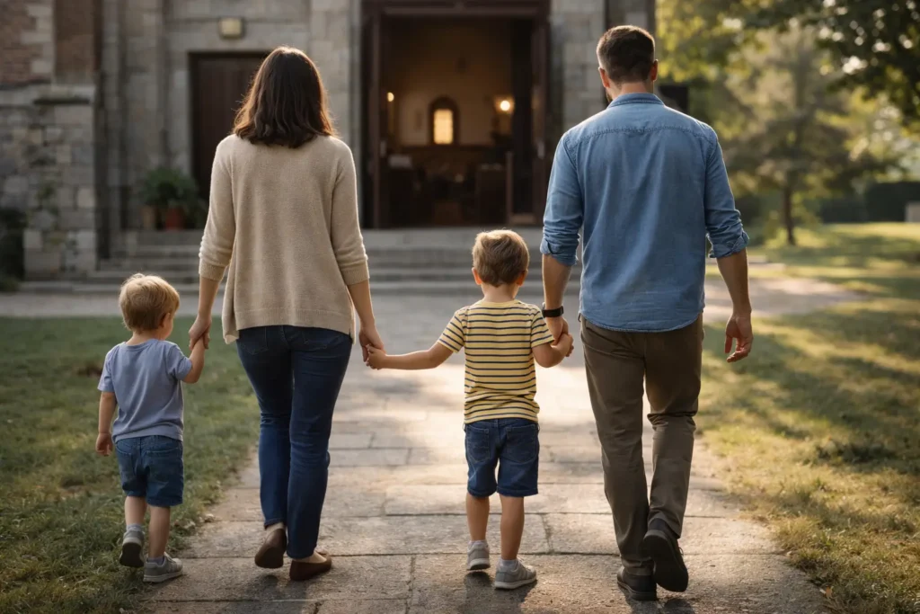Familia caminando hacia la iglesia para ir a misa con hijos pequeños, viviendo la fe en comunidad