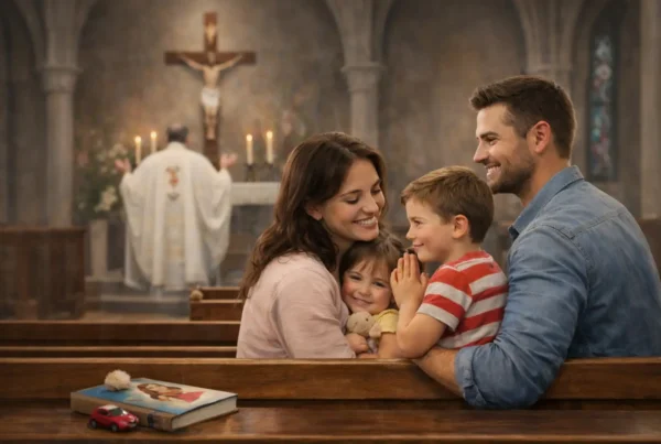 Familia asistiendo a misa con hijos pequeños, viviendo la fe con calma y sin culpa dentro de la iglesia