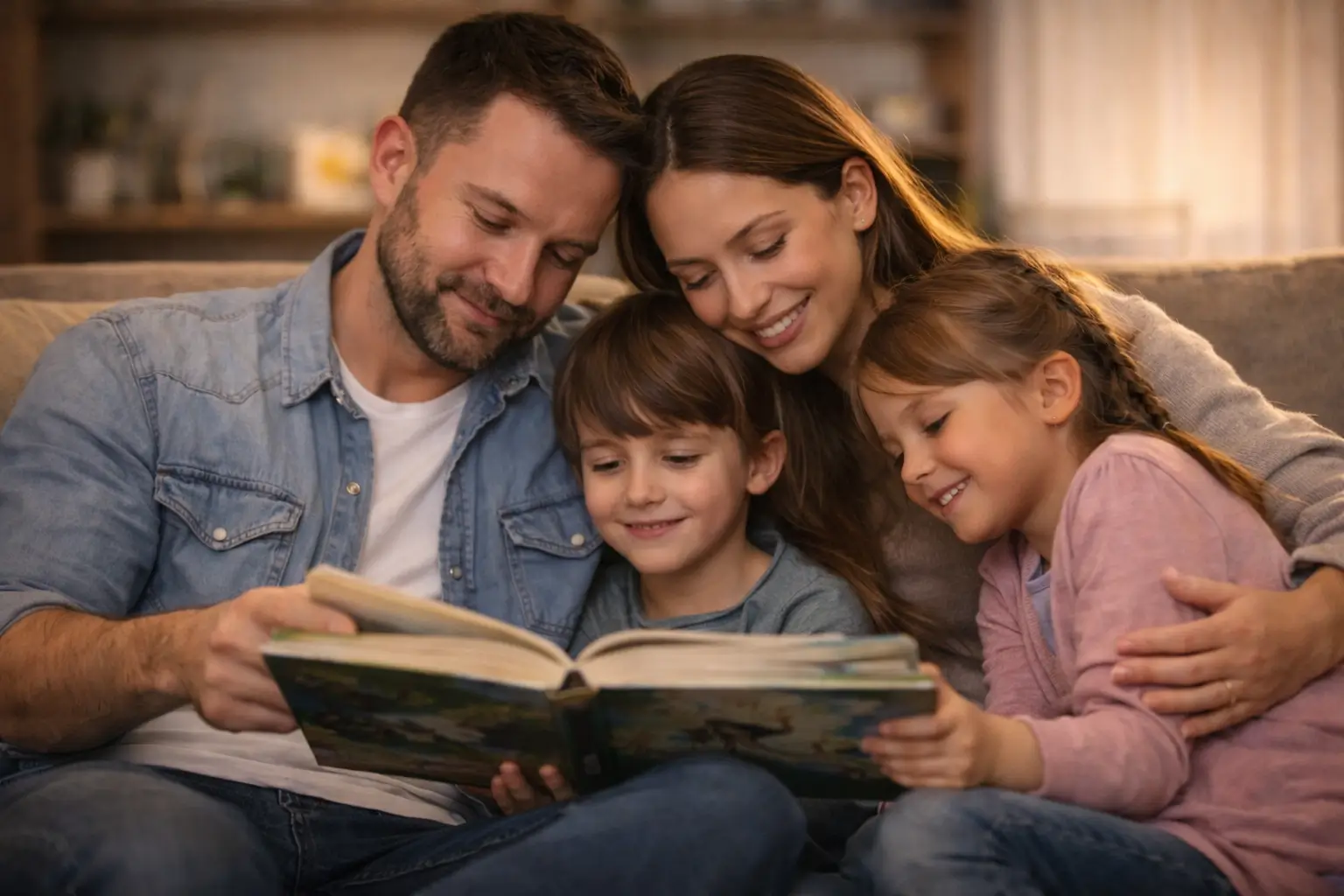Familia leyendo juntos en casa como parte de propósitos familiares que fortalecen la fe en la vida cotidiana